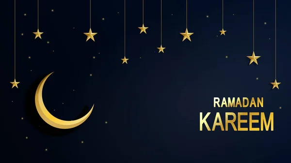 Ramadan Kareem. Noite céu estrelado lua brilhante, meio mês. Feriado sagrado islâmico tradicional. Design cartão de saudação, banner web, cartaz. Fundo vetorial — Vetor de Stock