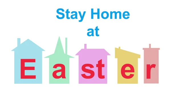 Çatıları olan renkli evlerdeki mektuplar evde kaldı. Paskalya 'da evde kal. Coronavirus pandemik karantina 2020 Vektör. Beyaz arka planda izole edilmiş evler