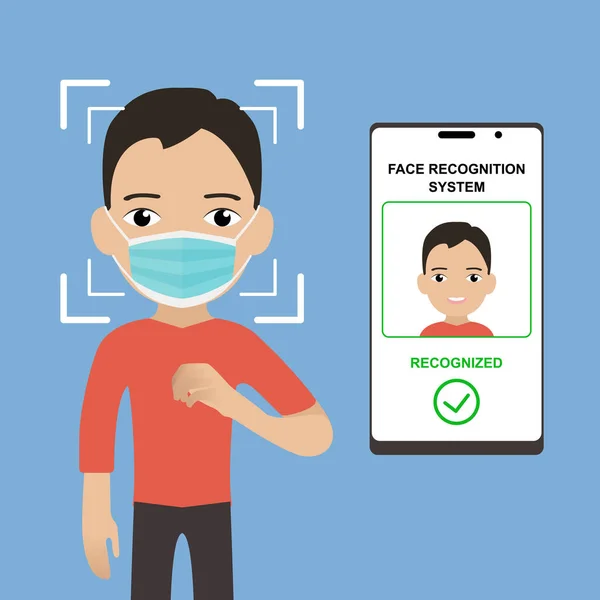 医療マスクで人の顔をスキャンします。男性の顔認識システム。モバイルアプリケーションを介して識別。生体検出 — ストックベクタ
