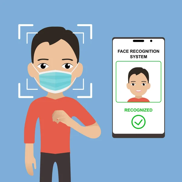 Skanna en persons ansikte i en medicinsk mask. Ansiktsigenkänningssystem för män. Identifiering genom en mobil applikation. Biometrisk detektion — Stock vektor