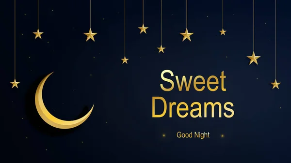 Altın yıldızlı karanlık gökyüzü ve parlak bir ay. Tatlı rüyalar ve iyi geceler mektubu. Tebrik kartı, arkaplan, davet, pankart, web sayfası, poster için vektör illüstrasyonu