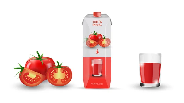 Tomate, carton avec jus de tomate, tasse en verre de jus frais. Isolé sur fond blanc. Réaliste 3d. Modèle d'emballage en carton. Illustration vectorielle — Image vectorielle