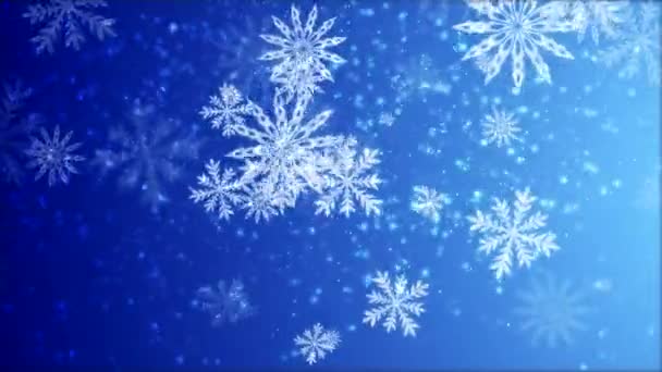 Vidéo-animation de flocons de neige tombant sur fond bleu 