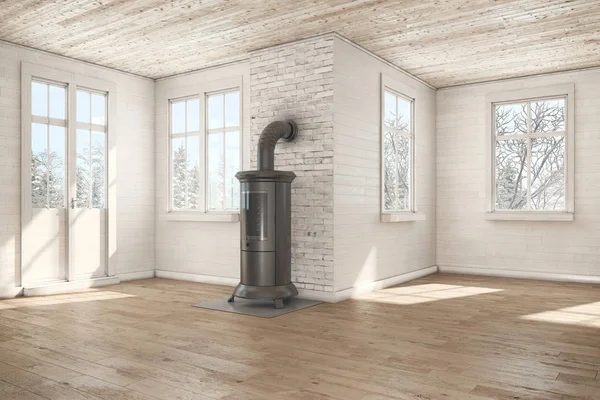 3d render - scandinavian empty room - chimney - winter — Stock Photo, Image