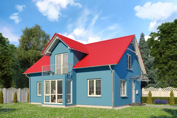 3d - bleu maison unifamiliale - été - jour — Photo