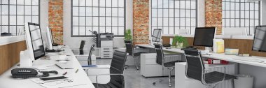 3d render - open plan office - office building - panorama clipart