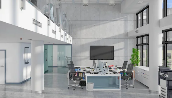 3d render - oficina de planta abierta - edificio de oficinas —  Fotos de Stock