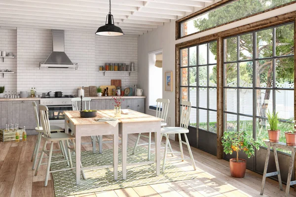 3d render - piso escandinavo - cocina - comedor — Foto de Stock