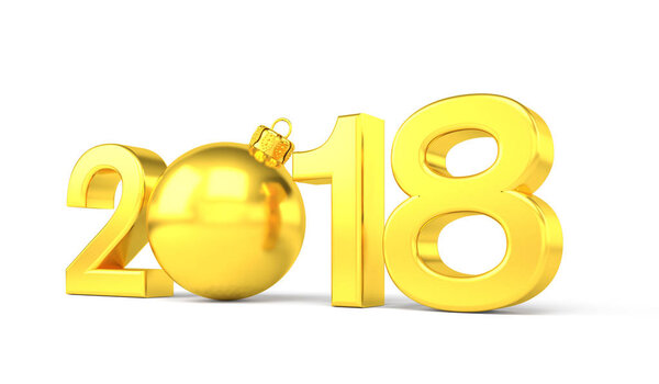 3d render - 2018 in letters with a golden christmas ball as Zero