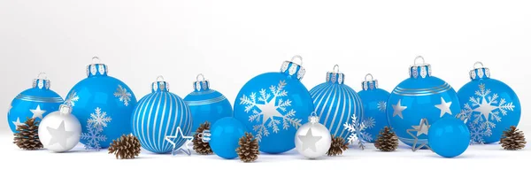 3d render - adornos de Navidad azul y plata sobre fondo blanco — Foto de Stock