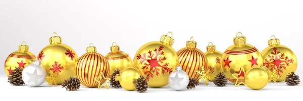 3D render - zlaté a stříbrné vánoční ozdoby nad bílé pozadí — Stock fotografie