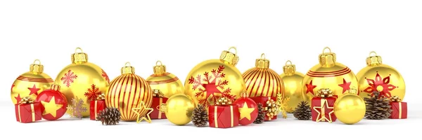 3d render - baubles Natale d'oro e rosso su sfondo bianco — Foto Stock