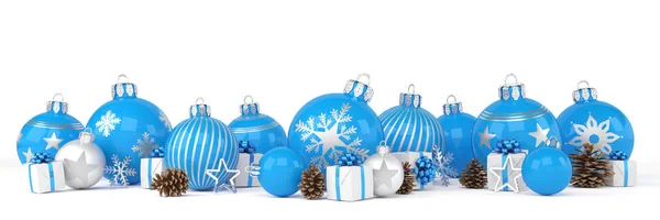 3D render - blauwe en zilveren kerstballen op witte achtergrond — Stockfoto