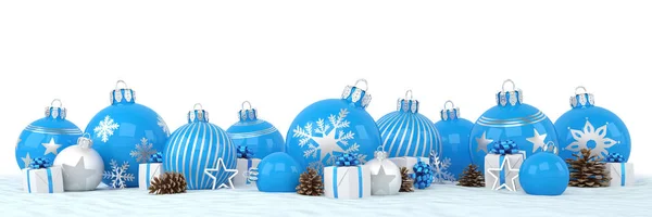 3D render - modré a stříbrné vánoční ozdoby nad bílé pozadí — Stock fotografie