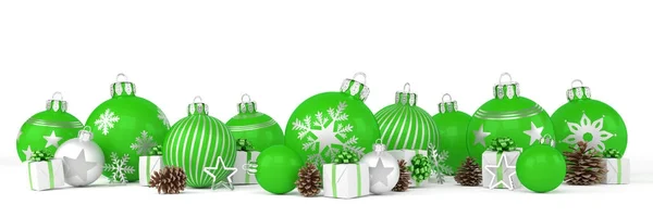 3D καθιστούν - πράσινη και ασημένια στολίδια Χριστουγέννων πάνω από λευκό φόντο — Φωτογραφία Αρχείου