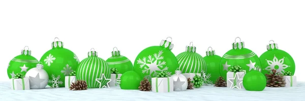 3D render - zelené a stříbrné vánoční ozdoby nad bílé pozadí — Stock fotografie