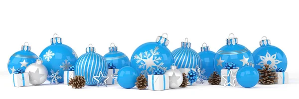 3D-Render - blaue und silberne Christbaumkugeln auf weißem Hintergrund lizenzfreie Stockfotos