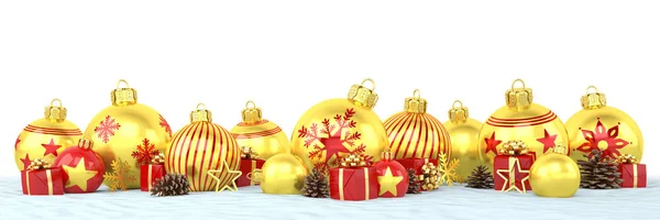 3d render - adornos de navidad dorados y rojos sobre fondo blanco —  Fotos de Stock