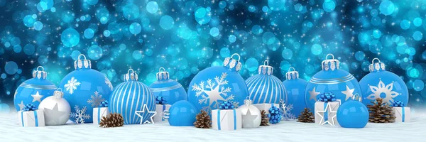 3D-Render - blaue und silberne Christbaumkugeln über Bokeh-Hintergrund lizenzfreie Stockbilder