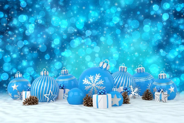 3D render - blauwe kerstballen op de achtergrond bokeh — Stockfoto