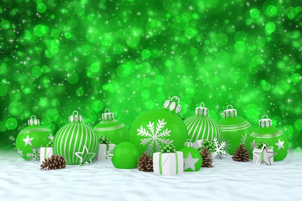 3D Render - grüne Christbaumkugeln über Bokeh-Hintergrund — Stockfoto