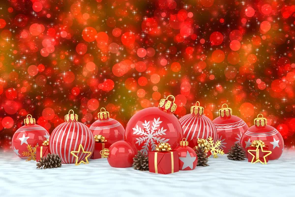 Rendering 3d - baubles Natale rosso su sfondo bokeh — Foto Stock