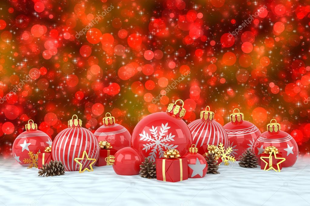 3d render - red christmas baubles over bokeh background