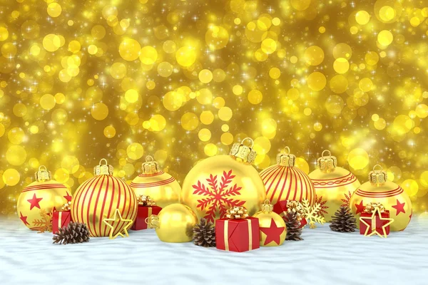 Rendering 3d - baubles Natale d'oro su sfondo bokeh — Foto Stock