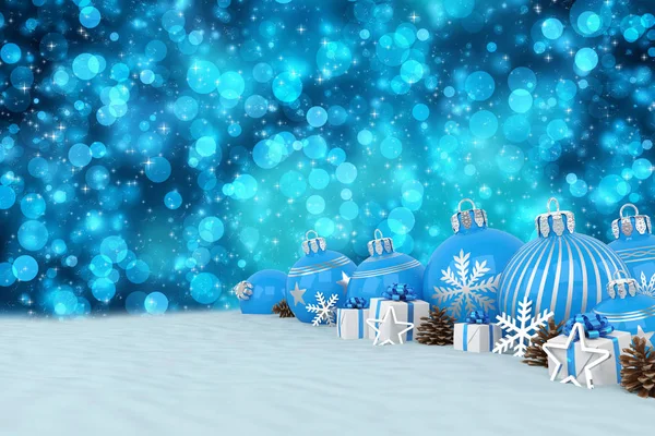 3D render - blauwe kerstballen op de achtergrond bokeh — Stockfoto