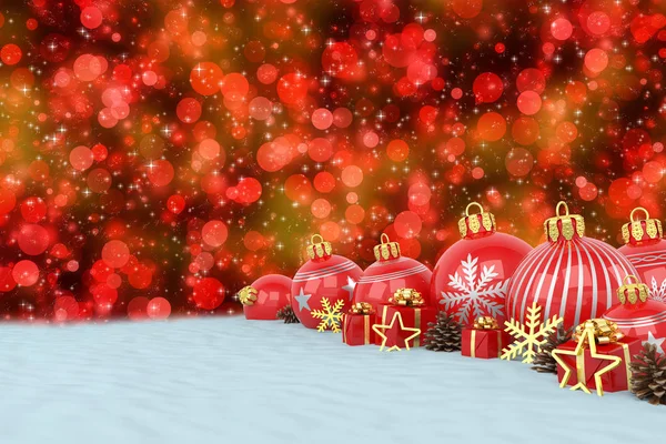 3D Render - rote Christbaumkugeln über Bokeh-Hintergrund Stockfoto