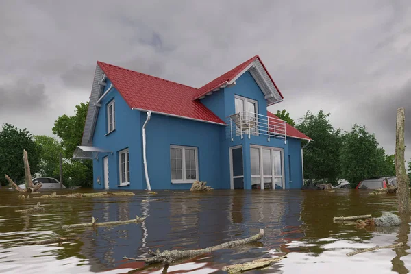 3D render - overstromingen blauwe huis — Stockfoto