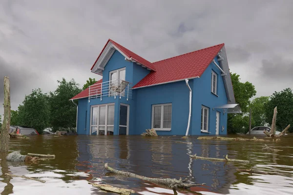 3d renderöinti - tulvat sininen talo — kuvapankkivalokuva