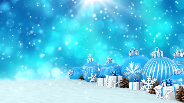 3D animasyon - mavi Noel baubles bokeh arka plan üzerinde — Stok video