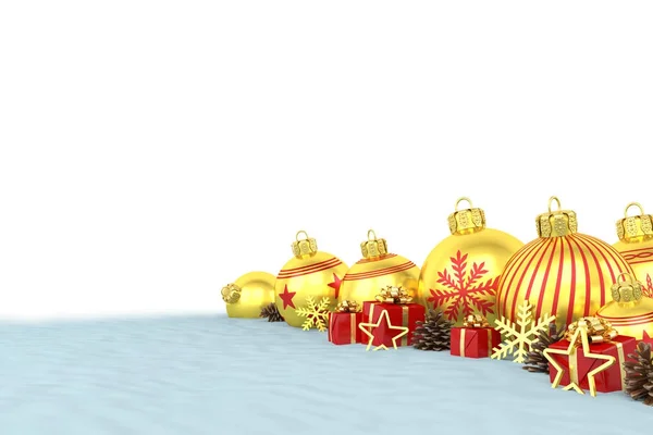 3D render - zlatý vánoční ozdoby nad bílým pozadím — Stock fotografie