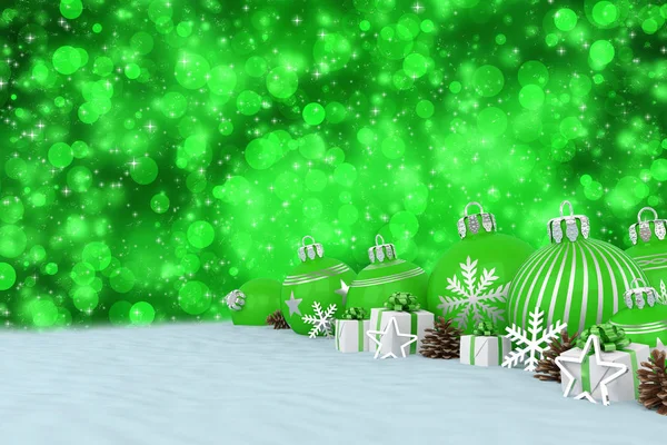 Rendering 3d - baubles Natale verde su sfondo bokeh — Foto Stock