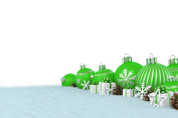 Renderização 3d - bugigangas de Natal verde sobre fundo branco — Fotografia de Stock