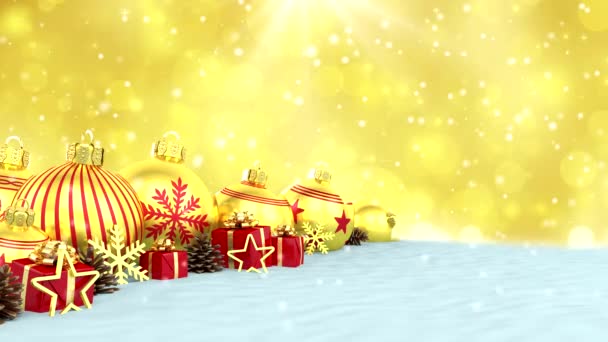 3d animation - golden christmas baubles over bokeh background — Stock Video