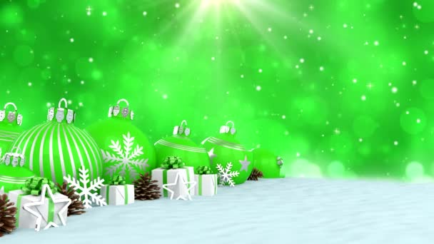 Animación 3d - bolas de Navidad verde sobre fondo bokeh — Vídeos de Stock