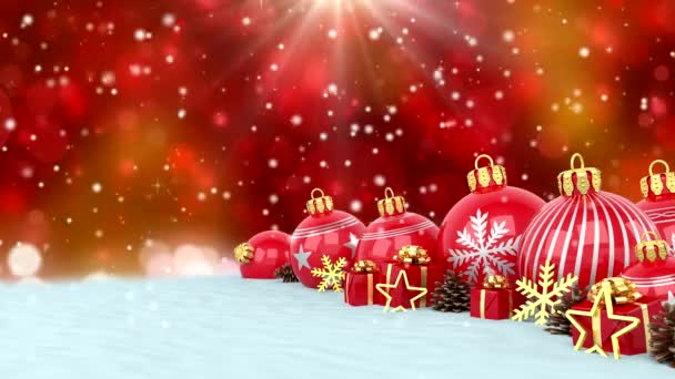 3d animation - red christmas baubles over bokeh background — Stock Video