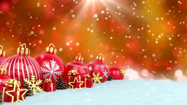 Animation 3D - boules de Noël rouges sur fond bokeh — Video