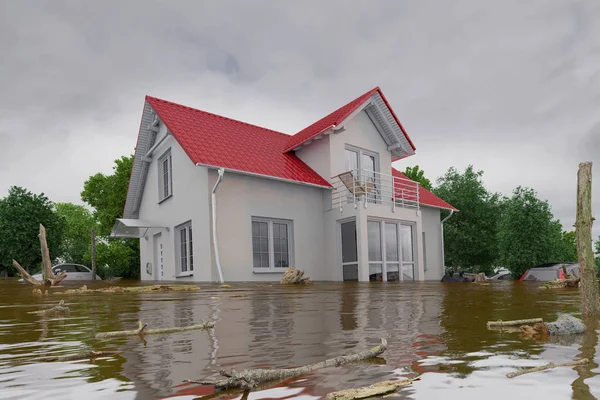3d render - flooding blue house — Stock Photo, Image