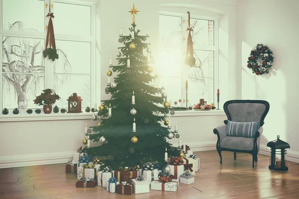 3D činí z nordic, obývací pokoj s vánoční strom - retro lo — Stock fotografie