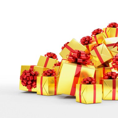 3D render - altın Noel hediye kutuları kırmızı şeritler