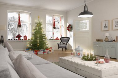 nordic bir oturma odası Noel ağacı ile 3D render