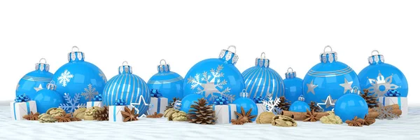 3D render - blauwe kerstballen op witte achtergrond — Stockfoto