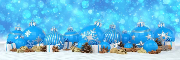 Renderização 3d - baubles de Natal azul sobre fundo azul bokeh — Fotografia de Stock