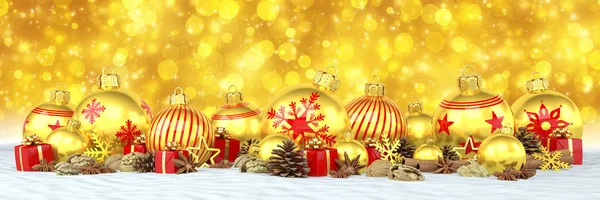 3D render - gouden kerstballen op gouden bokeh achtergrond — Stockfoto