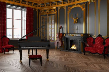 piyano olan klasik bir oda 3D render