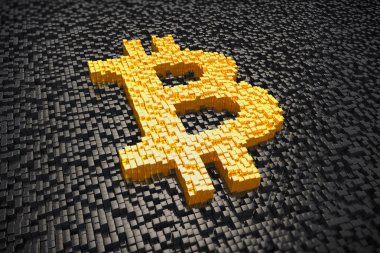 3D render - küpleriyle yapılan pixelated bitcoin sembolü - altın