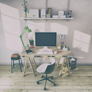 3D render - İskandinav nordic ev ofis - retro bak
